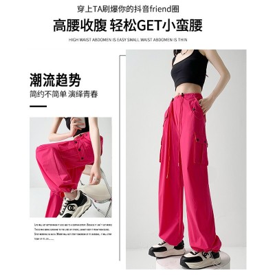 多巴胺穿搭工装裤辣妹裤子女夏季高腰阔腿裤宽松休闲速干运动裤图3