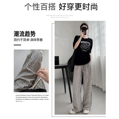 条纹阔腿裤女夏季薄款慵懒遛弯高腰直筒裤显瘦百搭竖条凉凉休闲裤图3