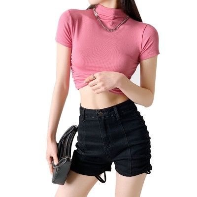 多巴胺穿搭打底衫女半高领春夏露脐短袖T恤性感辣妹修身短款上衣图5
