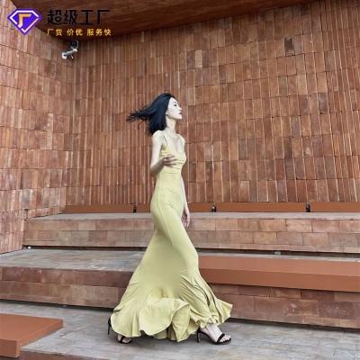 【步步生莲】夏日高级法式复古紧身包臀性感露背吊带鱼尾连衣裙图3
