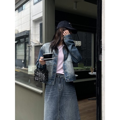 琉刻 牛仔翻领短款外套女秋季新款洗水磨白对称口袋设计上衣230 56图4