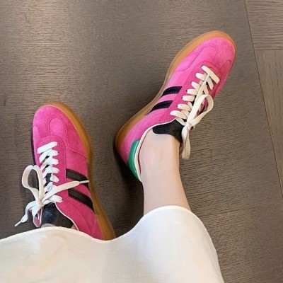 葡萄妈同款真皮复古德训鞋女2023新款撞色系带平底休闲运动板鞋女图2
