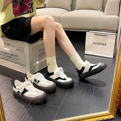 真皮厚底蓬蓬鞋女2023新款夏季百搭透气小白鞋复古德训鞋子面包鞋图2