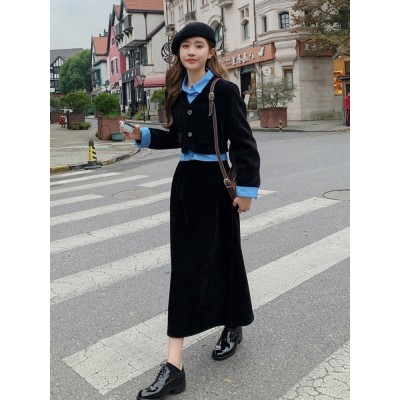 实拍今年流行两件套裙高级感春秋减龄拼接上衣盐系时尚半裙套装女图4