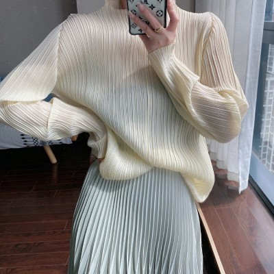 褶皱上衣女三宅春秋纯色九分袖纯色百搭小立领气质打底t恤女小衫图2