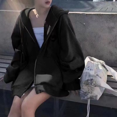 秋季灰色卫衣外套女春秋小个子2023新款拉链运动套装宽松连帽开衫图3