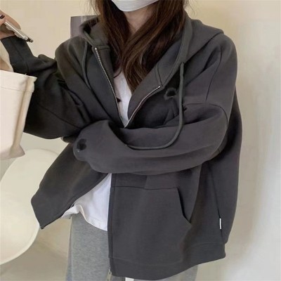 秋季灰色卫衣外套女春秋小个子2023新款拉链运动套装宽松连帽开衫图2