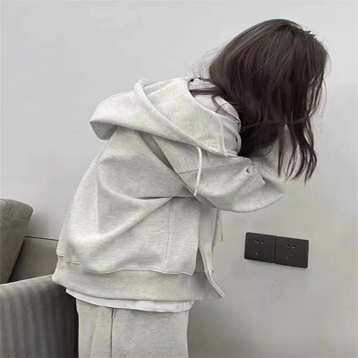 秋季灰色卫衣外套女春秋小个子2023新款拉链运动套装宽松连帽开衫图4