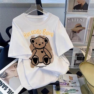 小熊纯棉短袖T恤女2023新款韩版宽松学生大码显瘦姐妹半袖上衣潮t图2