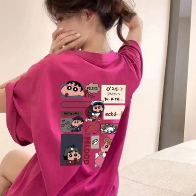 酒红色卡通小新纯棉短袖t恤女夏季新款韩版宽松百搭半袖ins上衣潮图4