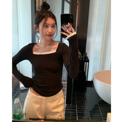 ins假两件长袖t恤早秋新款黑白撞色高级感修身显瘦打底衫上衣女图4