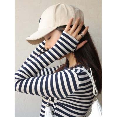 2023新款绿色条纹t恤女长袖春秋小衫上衣内搭打底衫秋季女装女式T图2