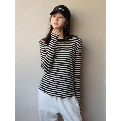 2023新款绿色条纹t恤女长袖春秋小衫上衣内搭打底衫秋季女装女式T图4