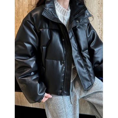 鹿西2023冬新款棕色PU皮衣羽绒服女设计感ins博主外搭90 绒外套Y65图2