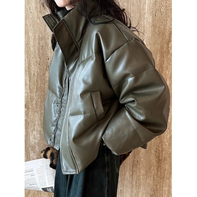 鹿西2023冬新款棕色PU皮衣羽绒服女设计感ins博主外搭90 绒外套Y65图3