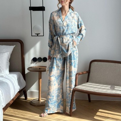 欧美跨境现货2023新款时尚法式印花长袖系带衬衫高腰阔腿裤女套装图2