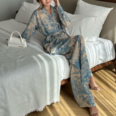 欧美跨境现货2023新款时尚法式印花长袖系带衬衫高腰阔腿裤女套装图3