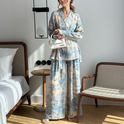 欧美跨境现货2023新款时尚法式印花长袖系带衬衫高腰阔腿裤女套装图4