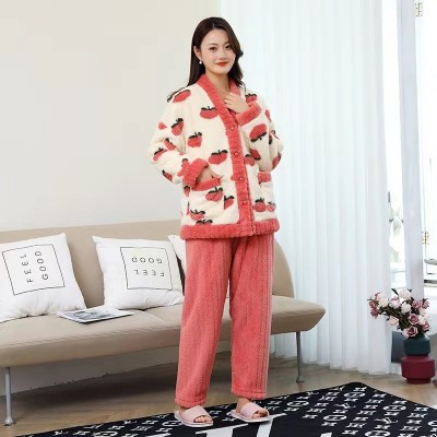 2023新款桃子秋冬乌龙桃加厚暖暖套装休闲家居服睡衣珊瑚绒女图3