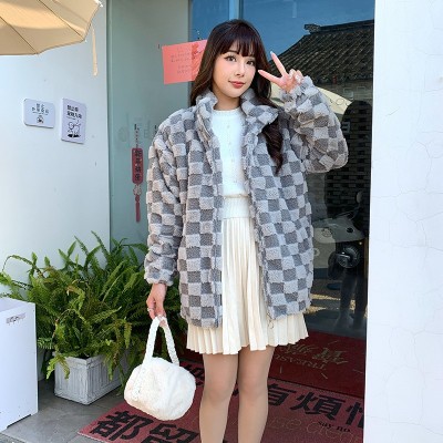 棋盘格羊盖毛棉服外套女2023冬季宽松百搭高级感情侣加厚保暖棉衣图2