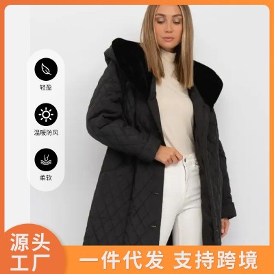 2023新款棉服女冬季跨境外贸棉衣时尚仿毛领长款连帽外套女大码图2