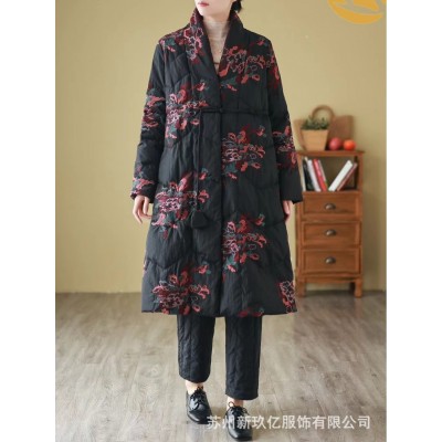 2023冬季款民族风复古中长款羽绒服女文艺刺绣盘扣V领宽松外套图2