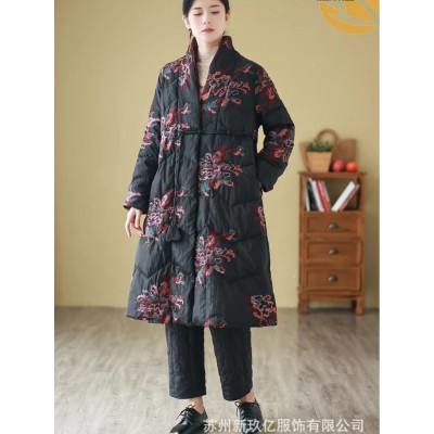 2023冬季款民族风复古中长款羽绒服女文艺刺绣盘扣V领宽松外套图3