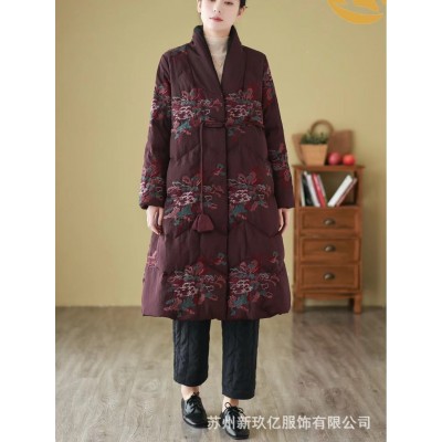 2023冬季款民族风复古中长款羽绒服女文艺刺绣盘扣V领宽松外套图4