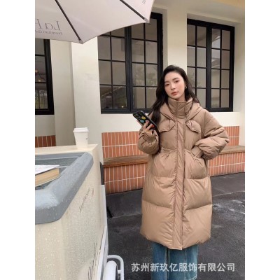 2023冬季新款韩版时尚中长款90绒连帽羽绒服女纯色白鸭绒宽松外套图4
