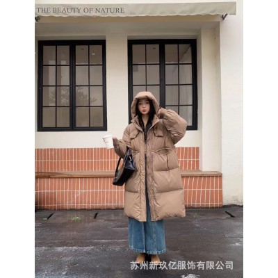 2023冬季新款韩版时尚中长款90绒连帽羽绒服女纯色白鸭绒宽松外套图5