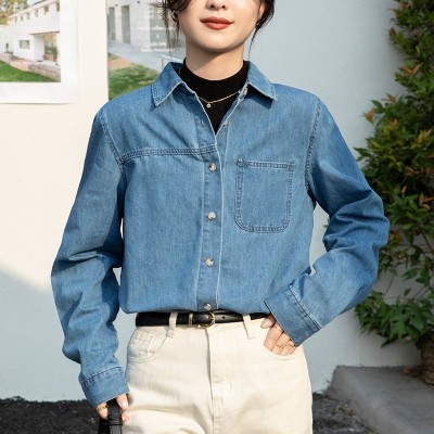 牛仔衬衫女内搭春装新款设计感蓝色外套宽松正肩叠穿法式衬衣长袖图2
