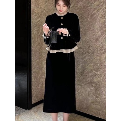 今年流行漂亮爆款连衣裙女装2023新款秋季假两件气质拼接小黑长裙图5