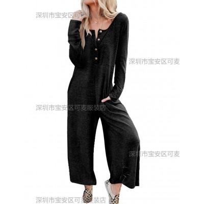 2023秋季新款亚马逊独立站休闲长袖纯色阔腿连体裤女式连体衣图3