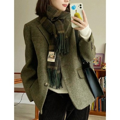 100%羊毛西装外套高质感人字纹复古粗花呢春秋季新款绿色 短款女装图4