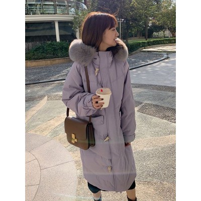 羽绒服女冬季2022年新款中长款韩版过膝小个子大毛领牛角扣外套潮图2