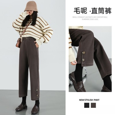实拍2023秋冬毛呢九分直筒裤小个子加厚绒高腰显瘦休闲阔腿裤图3