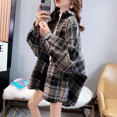 毛呢磨毛冬季新款复古格子衬衫女装韩国跨境新款加厚保暖外搭衬衣图5