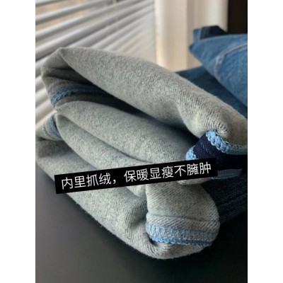 2023小众设计感 四面弹加绒保暖休闲高腰九分小直筒牛仔裤女秋冬图3