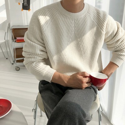 MYQ圆领毛衣男纯色针织衫韩版潮流宽松打底线衫秋冬季新款外套图3