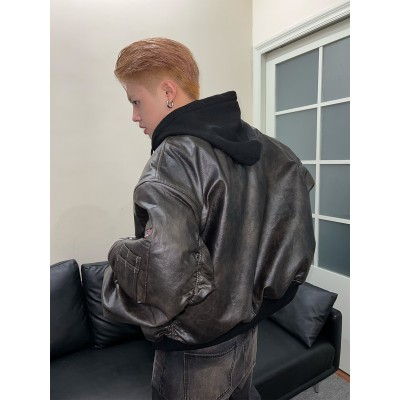 MADEEXTREME 美式街头荔枝皮革高级感美拉德加厚PU 皮外套棉服男图3