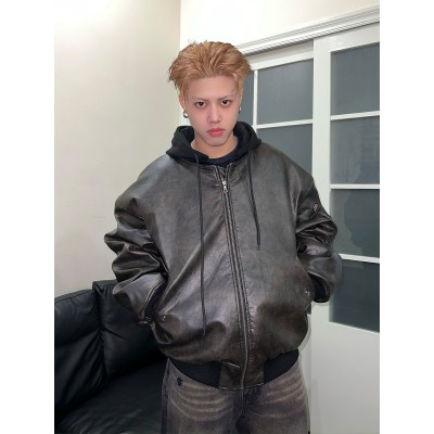 MADEEXTREME 美式街头荔枝皮革高级感美拉德加厚PU 皮外套棉服男图2