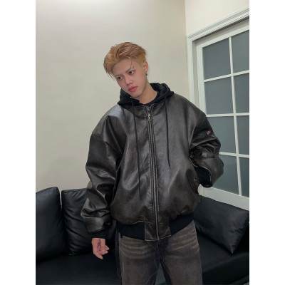 MADEEXTREME 美式街头荔枝皮革高级感美拉德加厚PU 皮外套棉服男图4