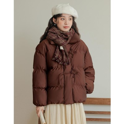森系国风粉色棉服女装2023新款冬季甜美短款中戏羽绒棉服衣外套图3