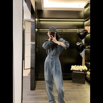 5874 工装牛仔连体裤女款春秋新款感阔腿裤一体式连身裤休闲图2
