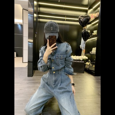 5874 工装牛仔连体裤女款春秋新款感阔腿裤一体式连身裤休闲图4