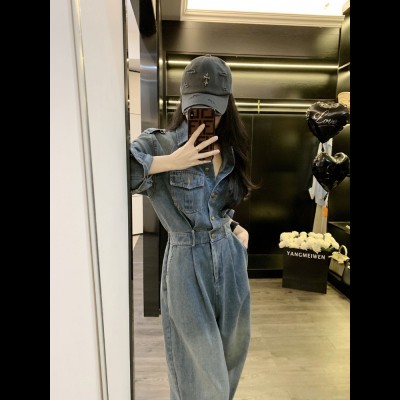 5874 工装牛仔连体裤女款春秋新款感阔腿裤一体式连身裤休闲图3