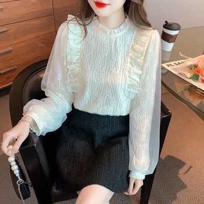 加绒加厚蕾丝长袖打底衫上衣早秋冬季新款内搭衬衣女士装春图2