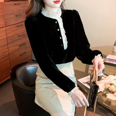 时尚蕾丝打底衫女装春秋冬装春季金丝绒上衣洋气小衫潮图3