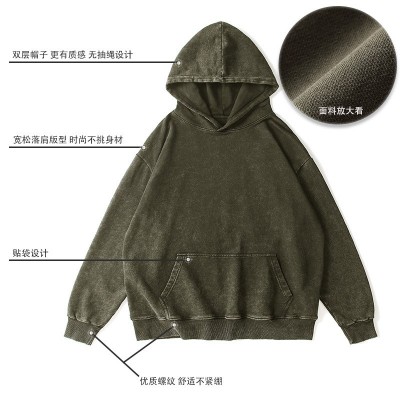 美式纯棉做旧连帽卫衣印字重磅落肩水洗加厚大毛圈衣外套oversize图3