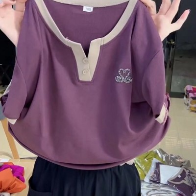 欧货夏季女士新款韩版短袖t恤女宽松减龄拼色体恤衫时尚烫钻上衣图3